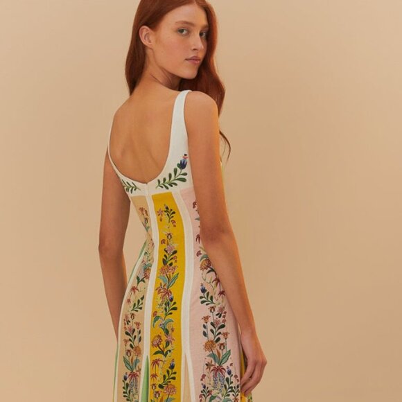 FARM Rio Multicolor Delicate Floral Stripes Lenzing Ecovero Euroflax Maxi Dress - Picture 2 of 5